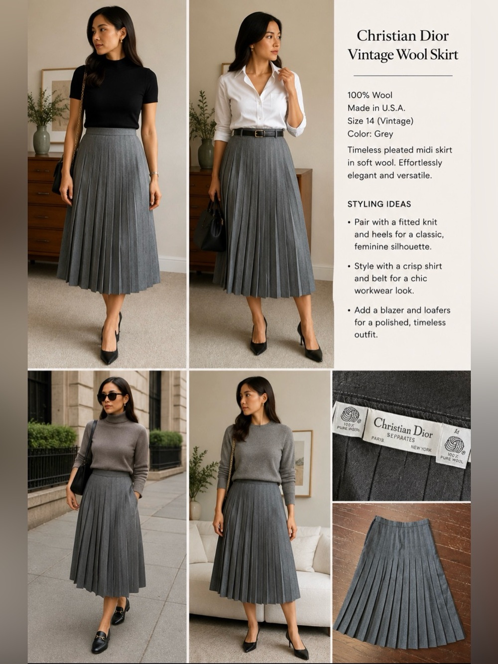 Vintage Christian Dior Grey 100% Wool Pleated Midi Skirt Made in USA